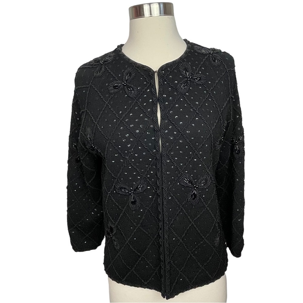 VTG 1950’s Boutique by Miss Ruth 100% Wool Black Beaded Cardigan Sweater Size 10